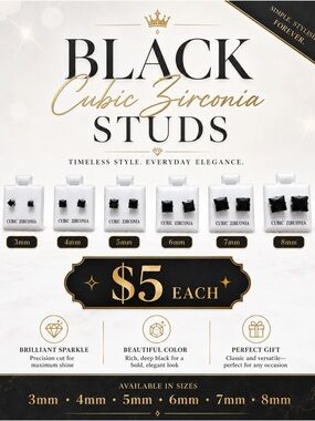 🩷. Black Cubic Zirconia Stud Earrings - Small to Medium Sizes